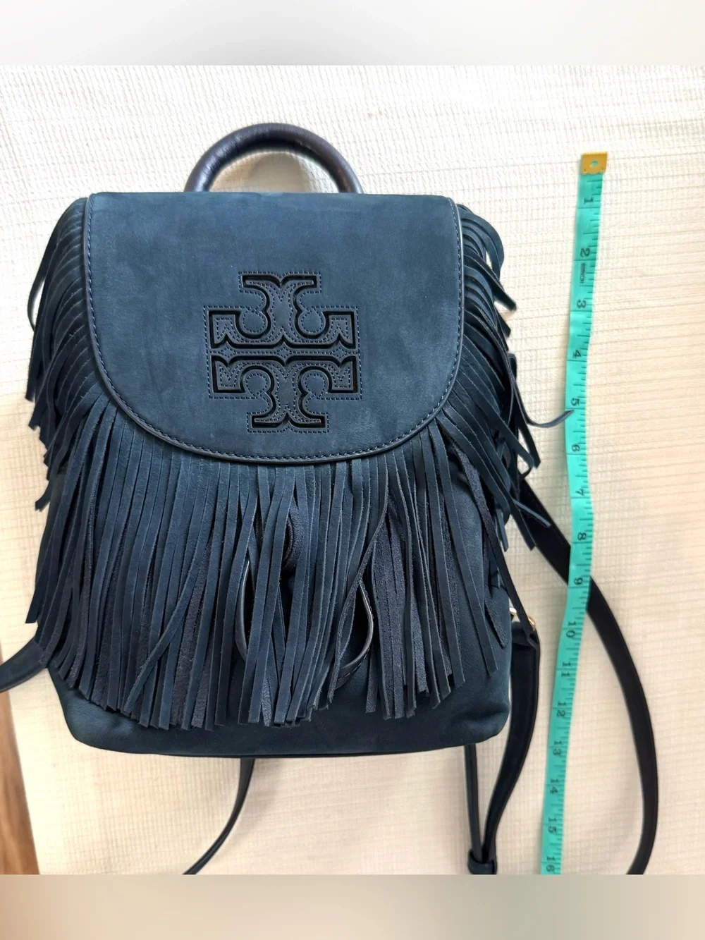 Tory Burch Harper Fringe Suede Backpack in Navy Blue